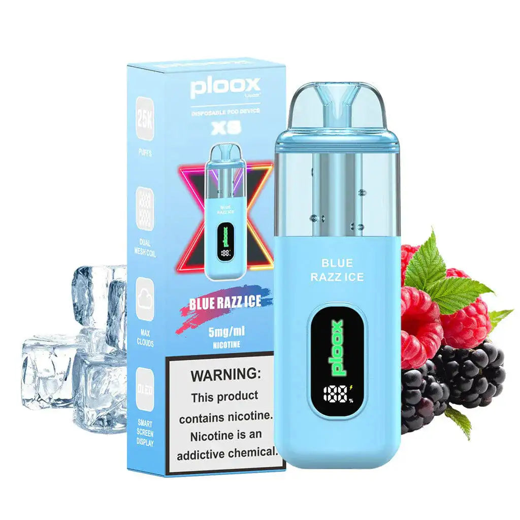 ploox vape flavors Blue Razz Ice XS 25k Disposable E-Hookah 0.5% – JellyPuffs Dessert Flavor Vapes – Vape Box Ω:0.4 ohm (4 Pack)