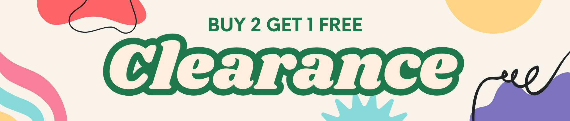 Promotional banner with 'Buy 2 Get 1 Free' and 'Clearance' text on a colorful background.