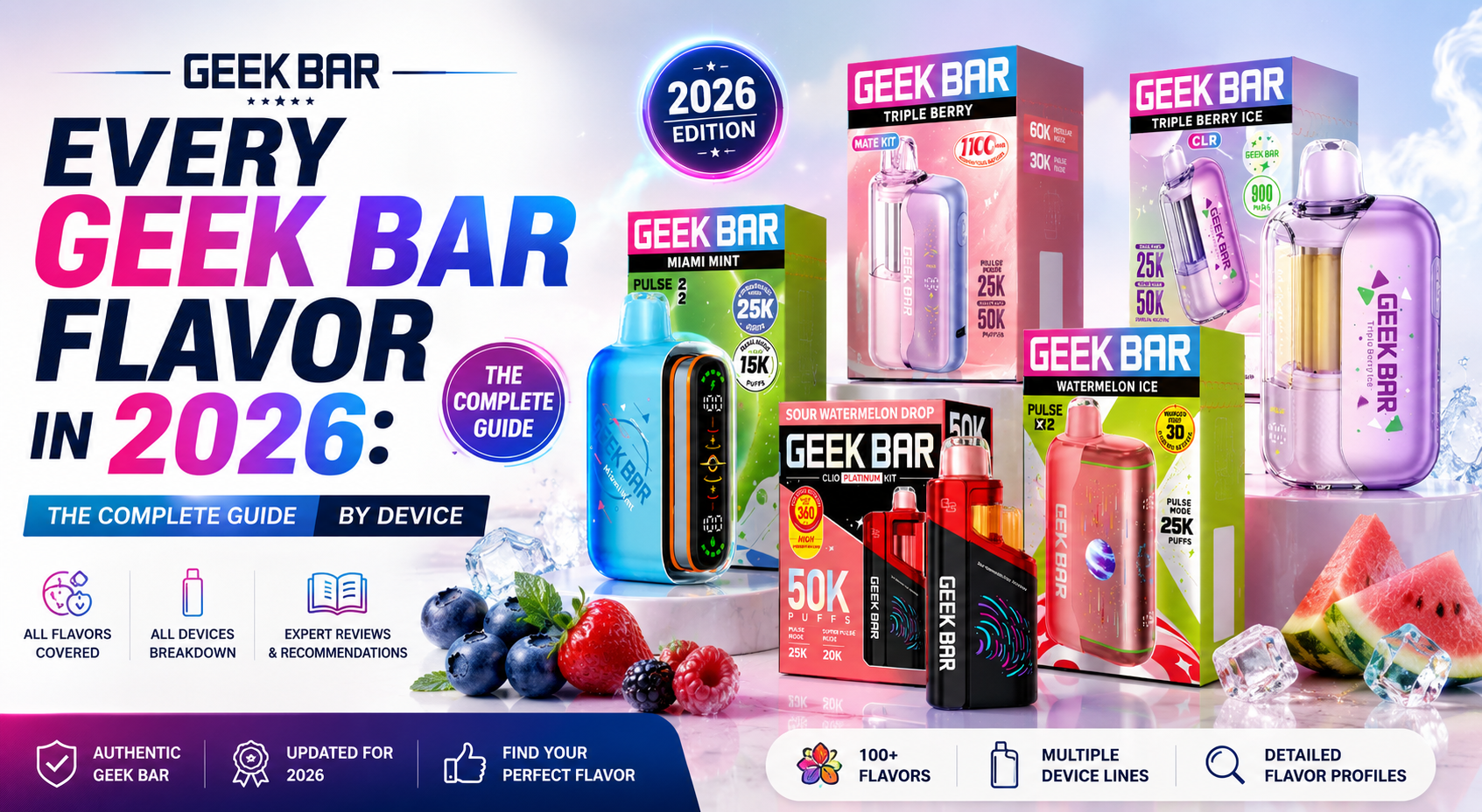 Every Geek Bar Flavor in 2026 complete guide cover — Geek Bar Pulse, Pulse X, Mate 60K, CLR 50K, and Clio Platinum disposable vapes flavor guide by device, JellyPuffs