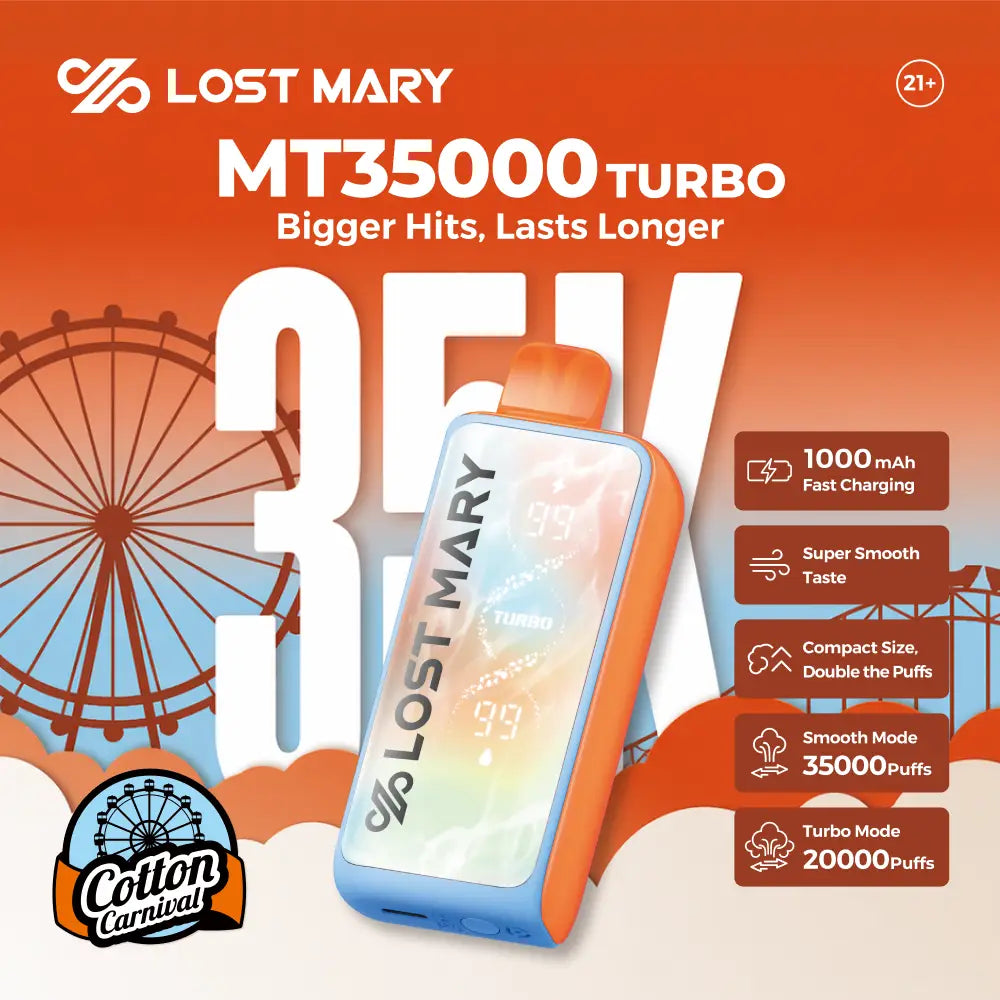 Lost Mary MT35000 Turbo Cotton Carnival Edition disposable vape collection, 5 cotton candy flavors, 35,000 puffs, 5% nicotine, no ice
