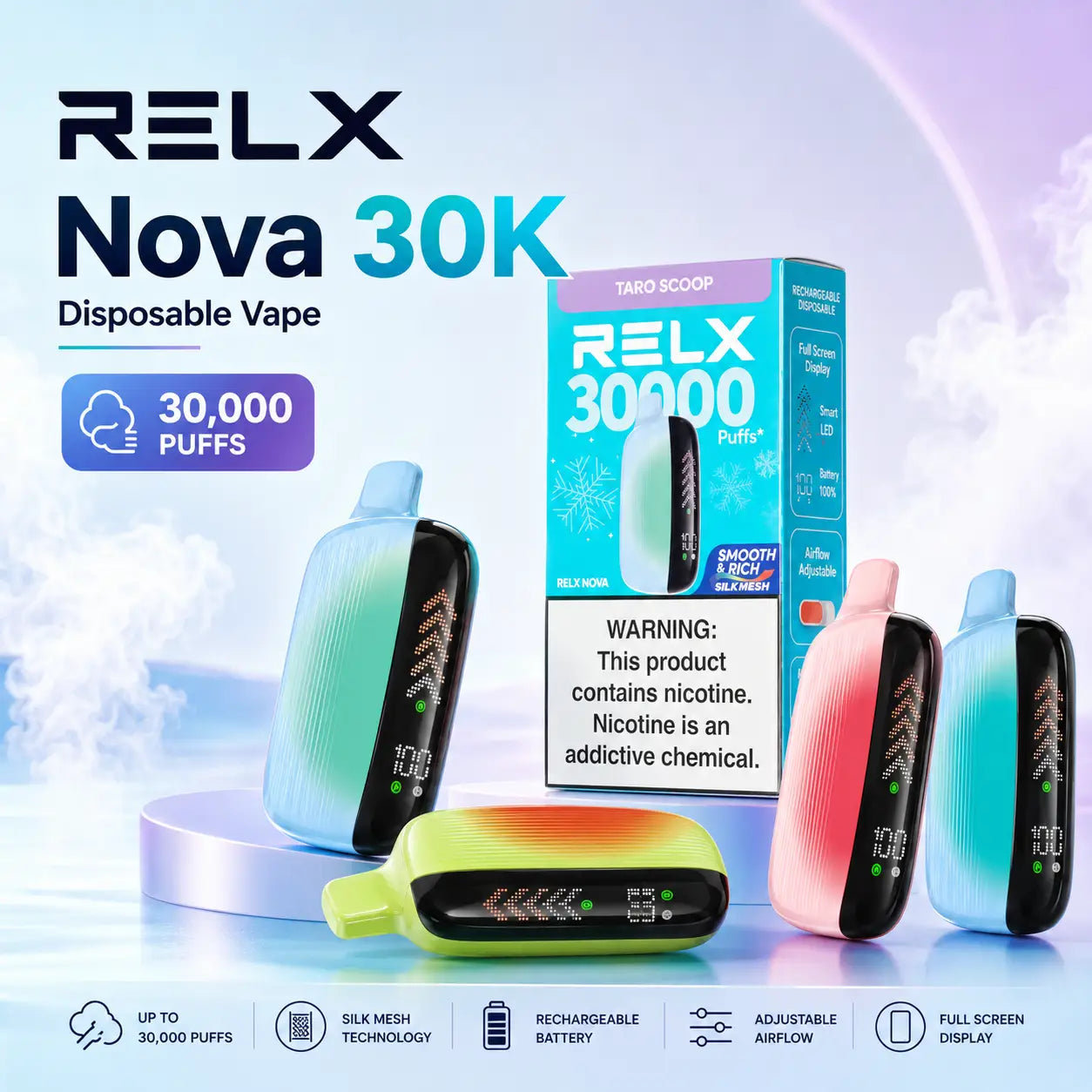 RELX Nova Silkmesh 30K disposable vape collection, 24 flavors, 30,000 puffs, 3% nicotine