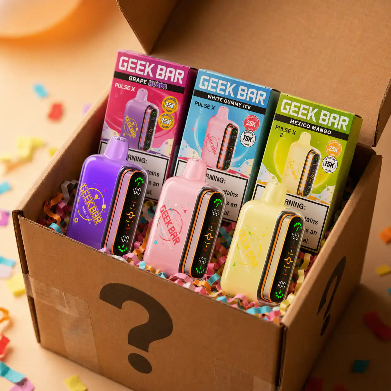 5 Pack Geek Bar Pulse 2 25K disposable vape Mystery Box, assorted flavors, up to 25,000 puffs each | JellyPuffs