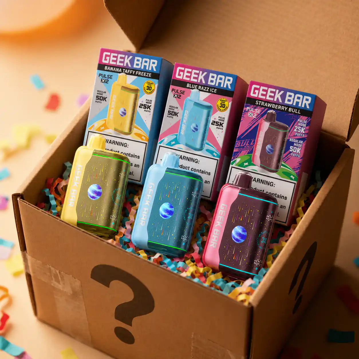 5 Pack Geek Bar Pulse X 2 50K disposable vape Mystery Box, assorted flavors, 3D curved screen, up to 50,000 puffs each | JellyPuffs