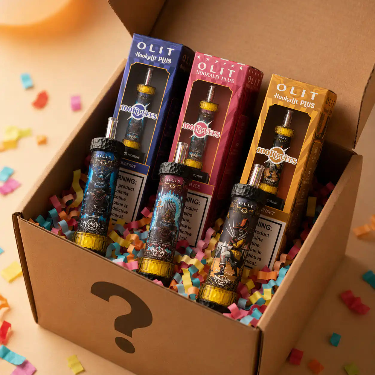 5 Pack Olit Hookalit Plus 100K disposable e-hookah Mystery Box, assorted shisha flavors, up to 100,000 puffs each | JellyPuffs