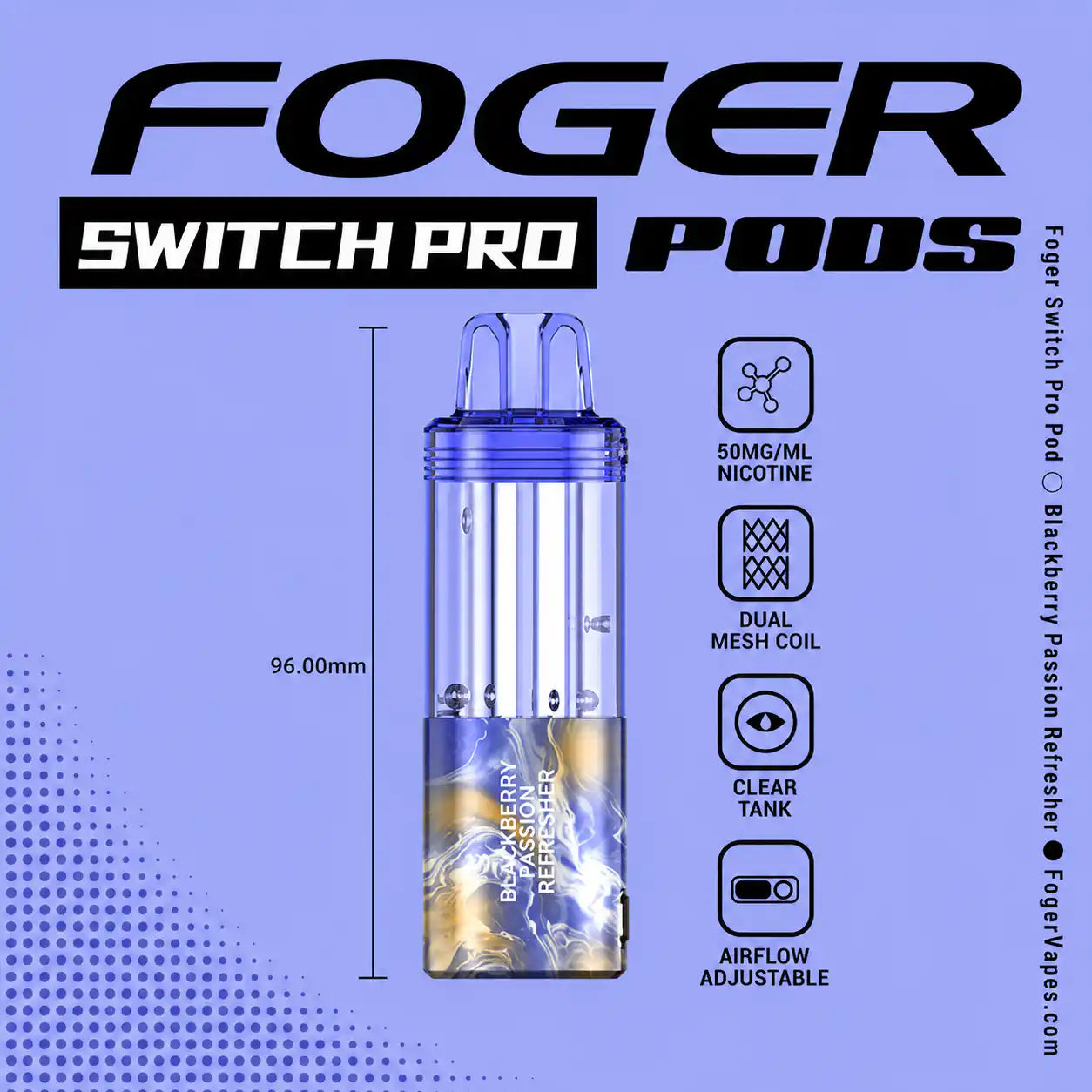 Blackberry Passion Refresher Foger Switch Pro 30K disposable pod — jammy blackberry, tart passion fruit, no ice — JellyPuffs