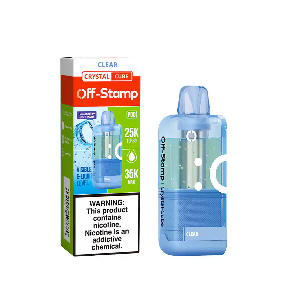 Clear Off-Stamp Crystal Cube 35K disposable pod — unflavored nicotine salt, no sweetener and no menthol, 35,000 puffs, 18mL, no ice