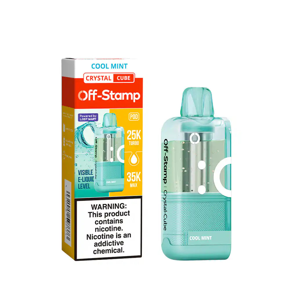 Cool Mint Off-Stamp Crystal Cube 35K disposable pod — pure peppermint with a crisp arctic menthol finish, 35,000 puffs, 18mL, iced flavor