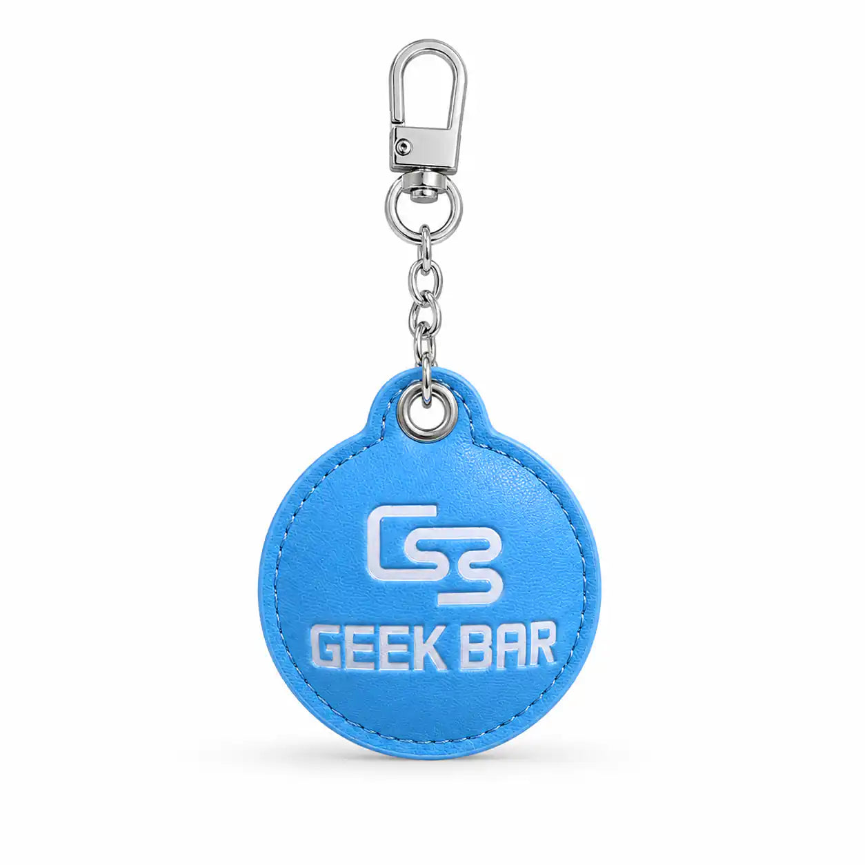 Geek Bar logo keychain in blue with faux-leather tag and swivel clasp