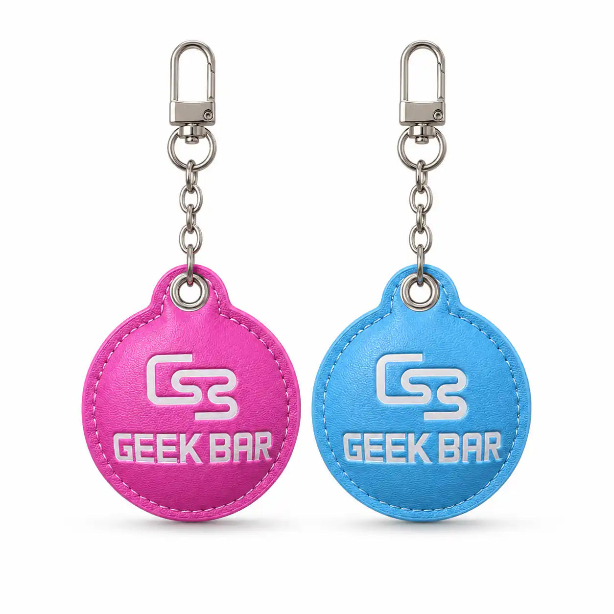 Geek Bar logo keychain with embossed logo on a faux-leather tag