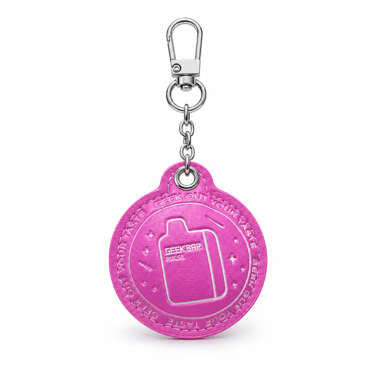 Pink and blue Geek Bar logo keychains with faux-leather tags