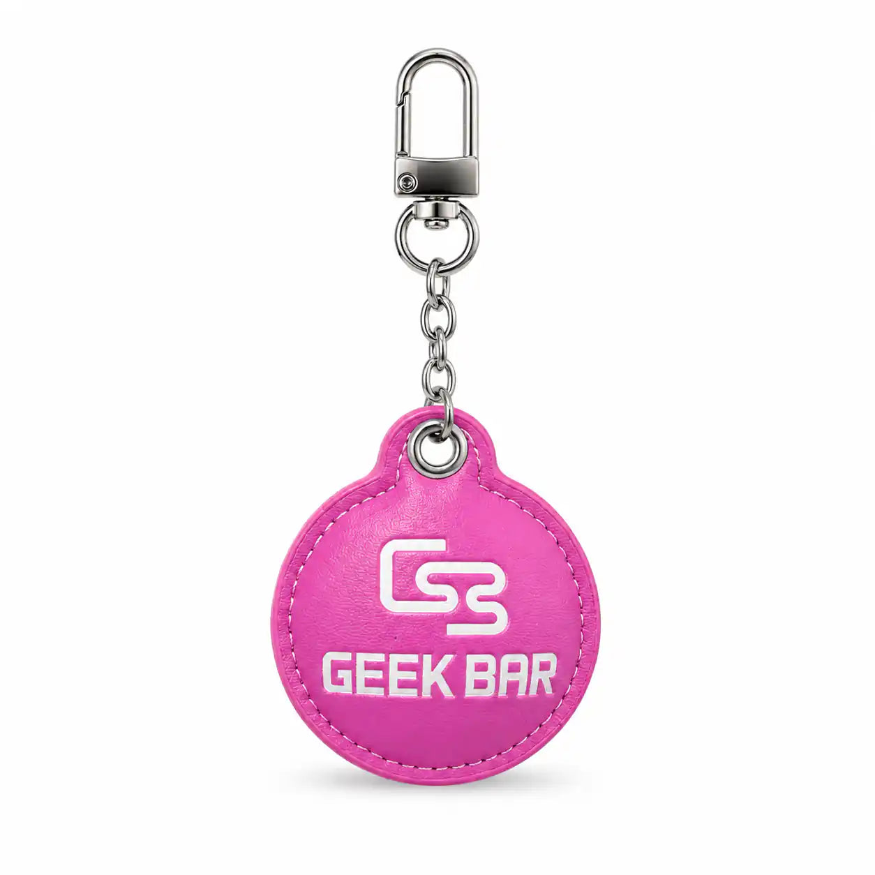 Geek Bar logo keychain in pink with faux-leather tag and swivel clasp