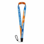 Geek Bar logo lanyard in orange and blue with quick-release buckle