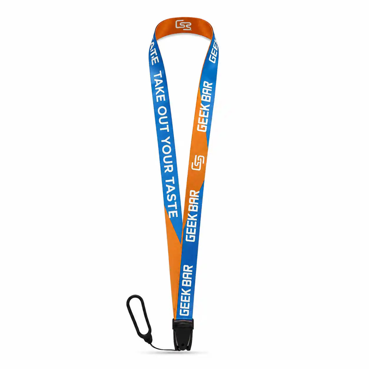 Geek Bar logo lanyard in orange and blue with quick-release buckle