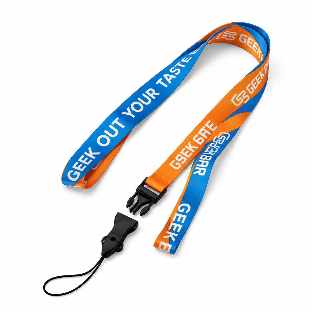 Geek Bar orange and blue neck lanyard with detachable wrist loop