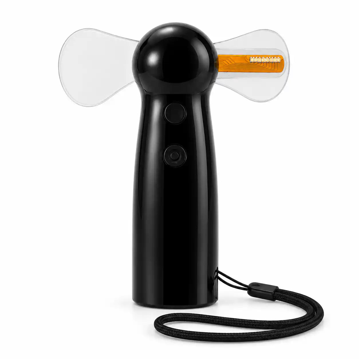 Geek Bar Mini Handheld Fan JellyPuffs — angled view with USB-C port and wrist lanyard