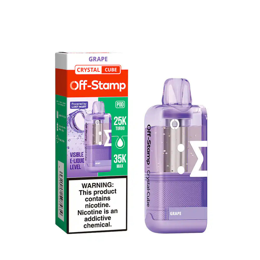 Grape Off-Stamp Crystal Cube 35K disposable pod — bold candy-rich dark grape with a ripe juicy body, 35,000 puffs, 18mL, no ice
