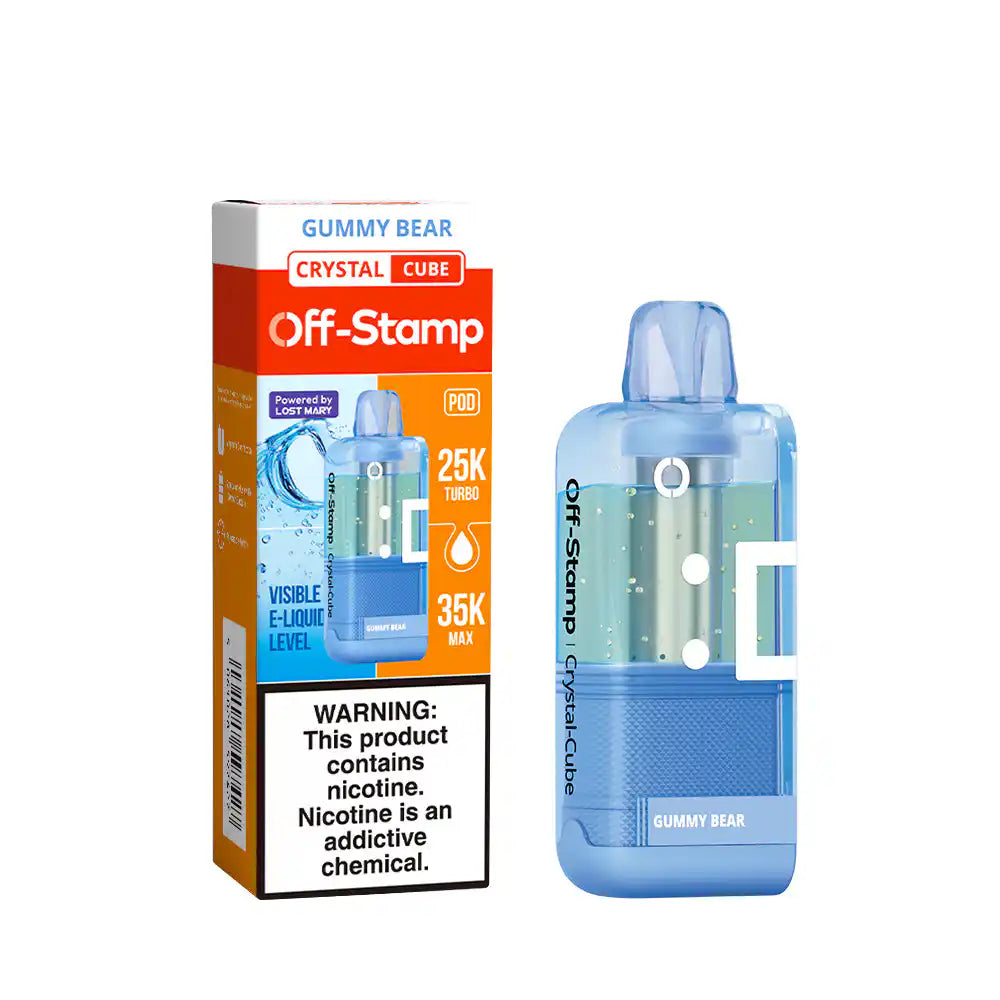Gummy Bear Off-Stamp Crystal Cube 35K disposable pod — five-fruit gummy candy mix with a bright lemon lift, 35,000 puffs, 18mL, no ice