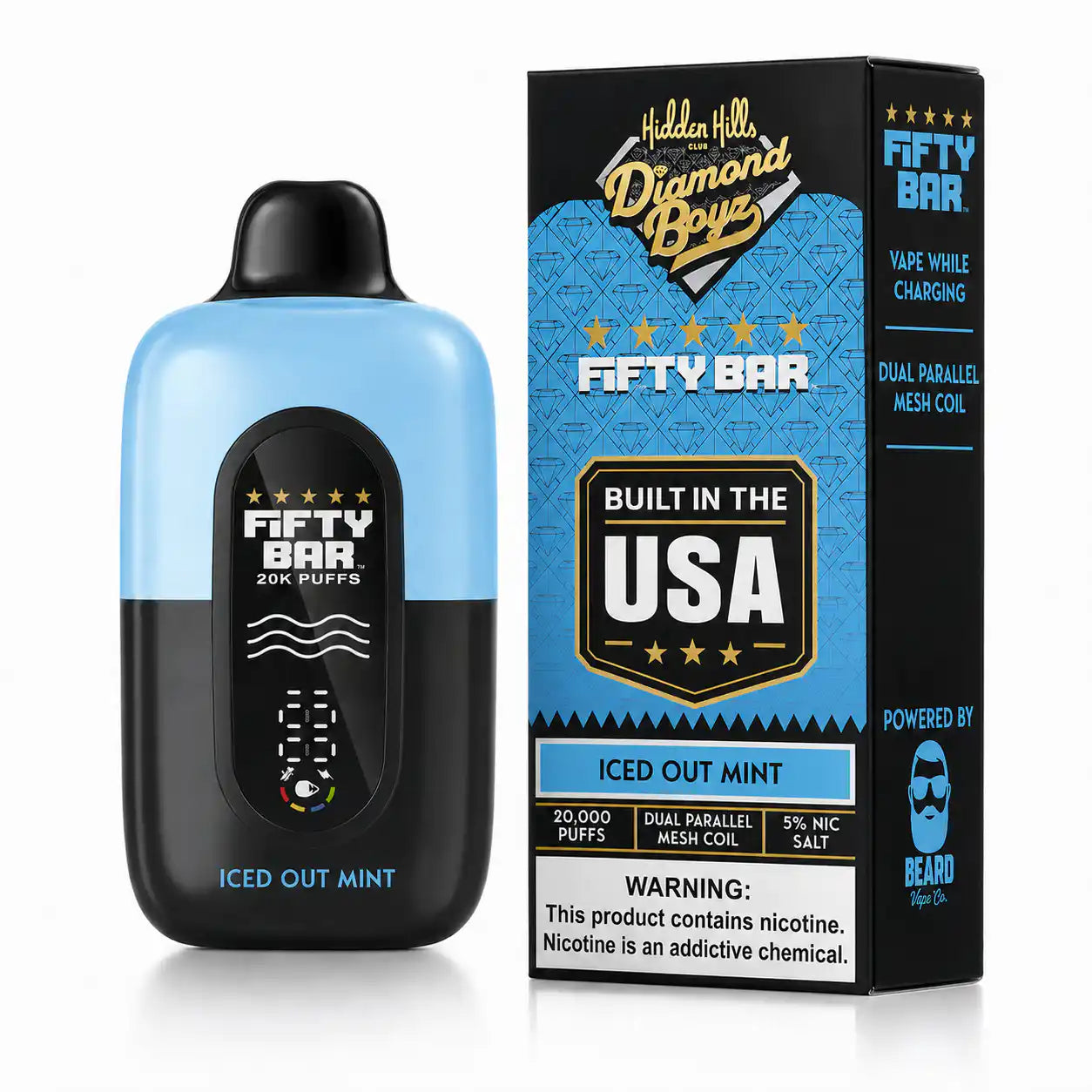 Iced Out Mint Hidden Hills x Fifty Bar 20K disposable vape — cool mint and peppermint with a heavy icy menthol finish, 20,000 puffs, 18mL, iced flavor