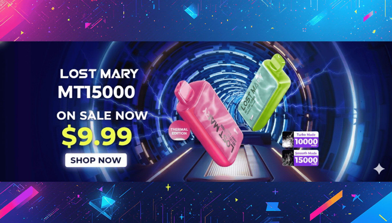 Promotional banner for Lost Mary MT15000 with colorful design elements on a blue and purple background.