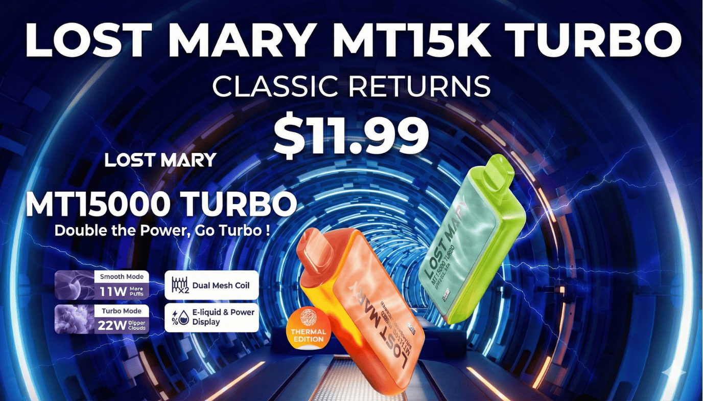 Advertisement for Lost Mary MT15K Turbo vaping device with product images and pricing.