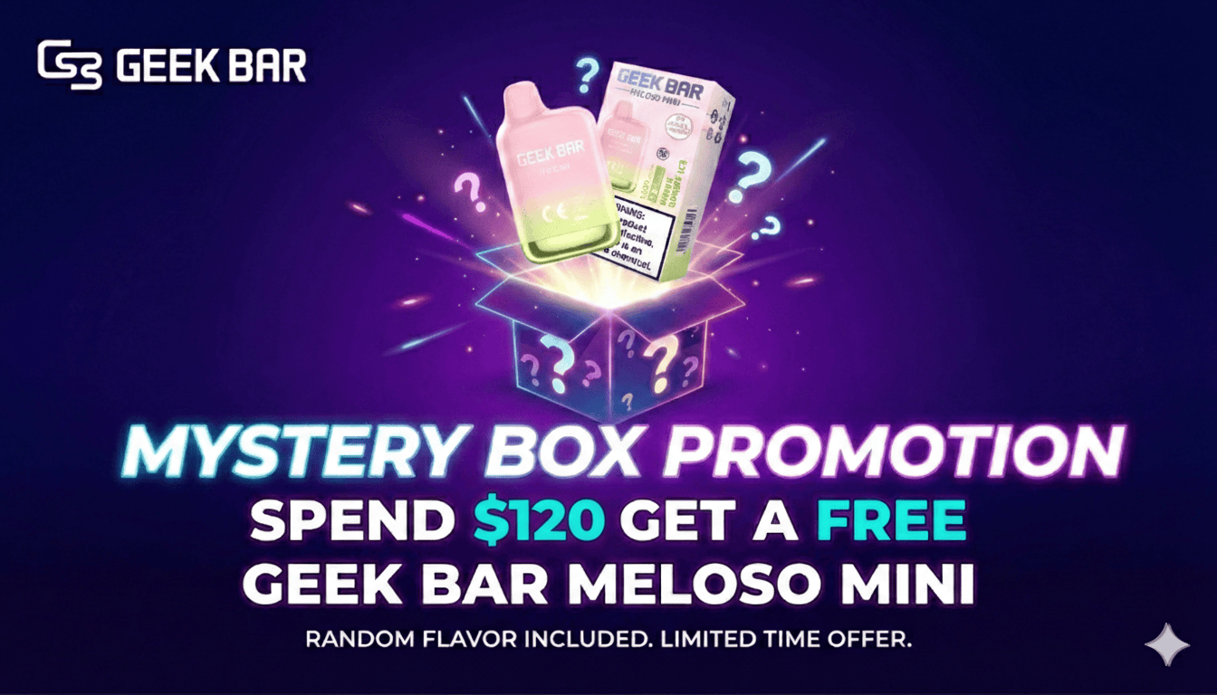 Promotional graphic for Geek Bar mystery box promotion with a purple background.