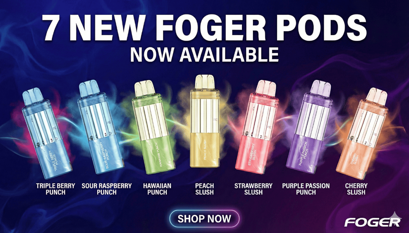 Promotional image of 7 new Foger vape pods with colorful packaging on a dark background.