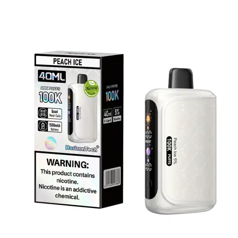 Peach Ice HorizonTech 100K disposable vape, iced, 100,000 puffs, 5% nicotine