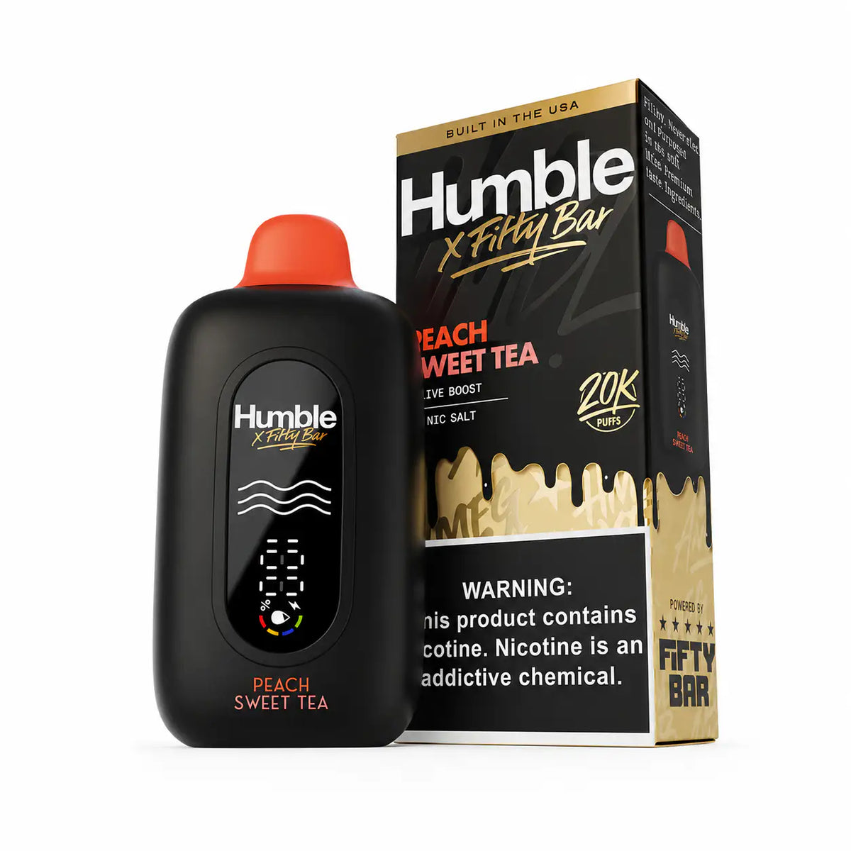 Peach Sweet Tea Fifty Bar x Humble 20K disposable vape, no ice, 20,000 puffs, 5% nicotine