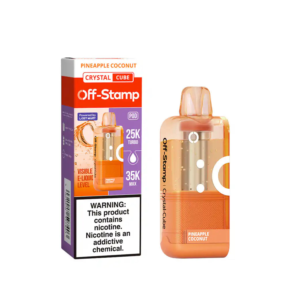 Pineapple Coconut Off-Stamp Crystal Cube 35K disposable pod — tart pineapple and creamy coconut with a cool menthol lift, 35,000 puffs, 18mL, iced flavor