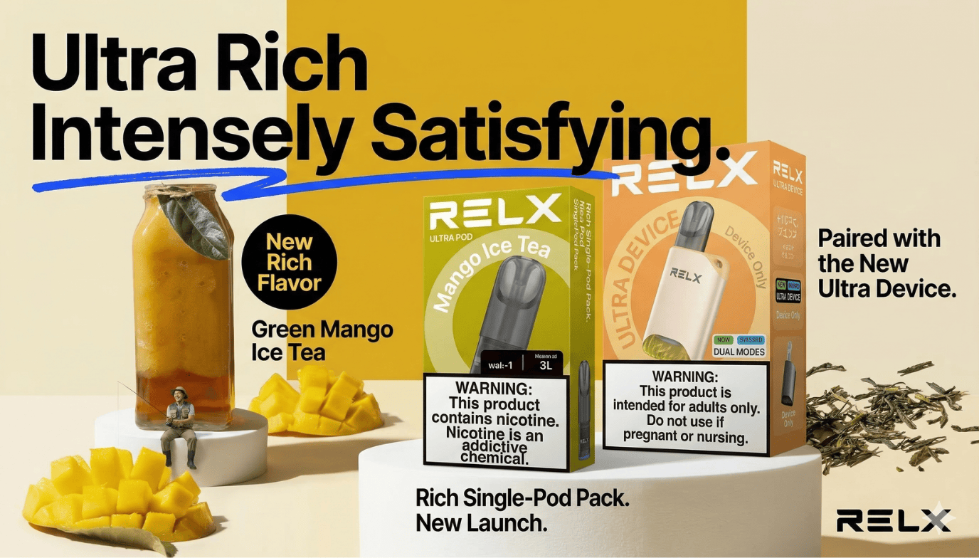 RELX product packaging with green mango ice tea flavor and promotional text on a yellow and beige background.