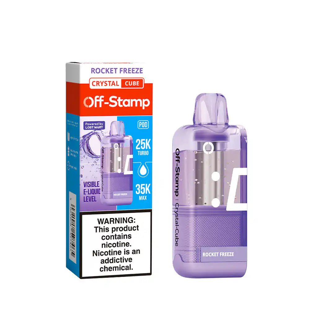 Rocket Freeze Off-Stamp Crystal Cube 35K disposable pod — cherry, lime and blue raspberry popsicle with a frozen chill, 35,000 puffs, 18mL, iced flavor