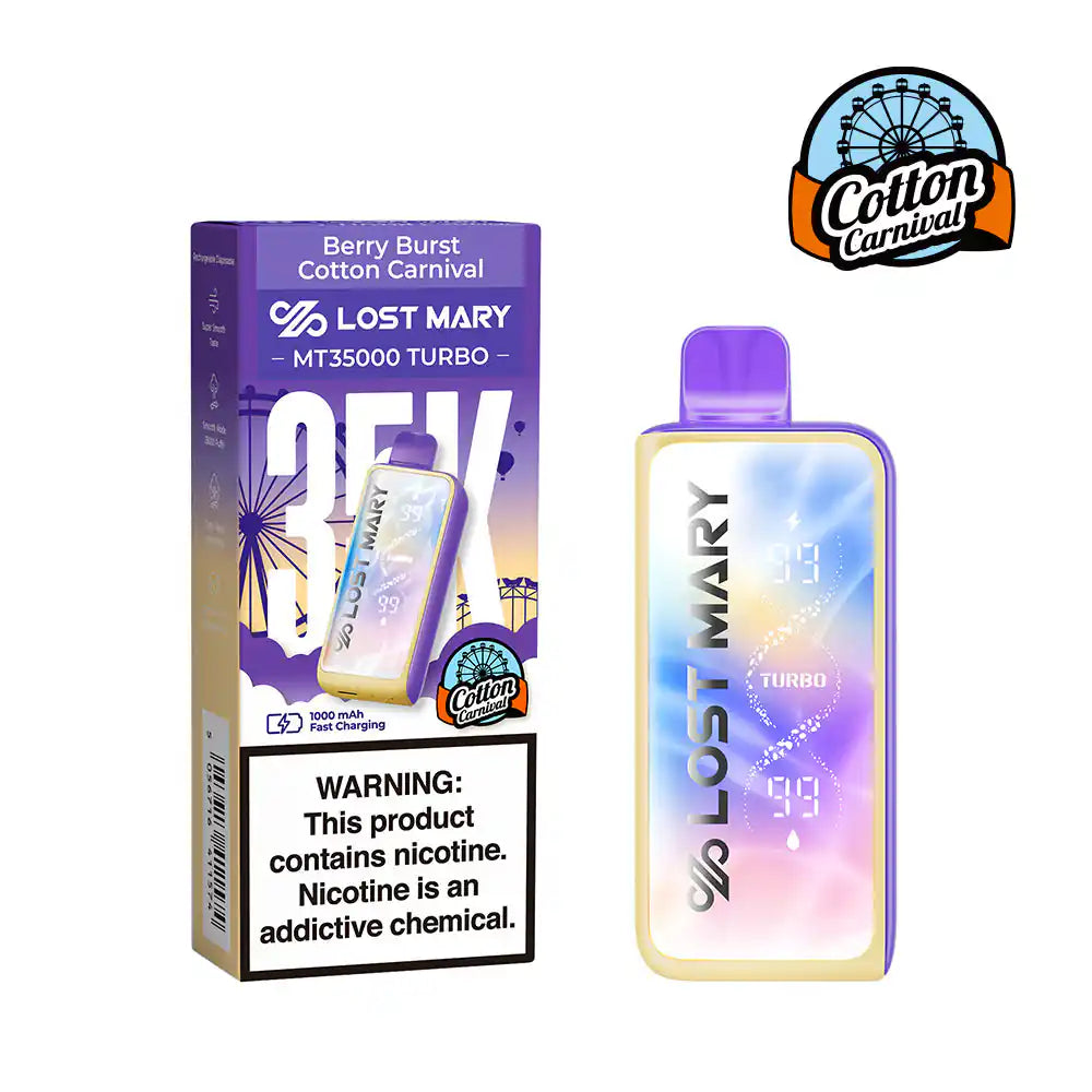 Berry Burst Cotton Carnival Lost Mary MT35000 Turbo Cotton Carnival Edition disposable vape, 35,000 puffs, 5% nicotine, no ice