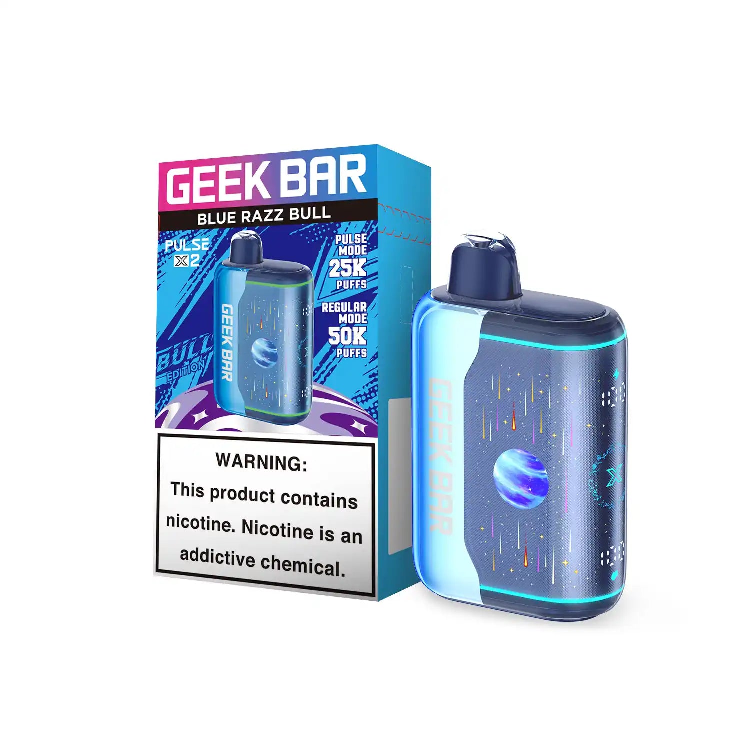 Blue Razz Bull Geek Bar Pulse X 2 50K disposable vape, no ice, 50000 puffs, 5% nicotine