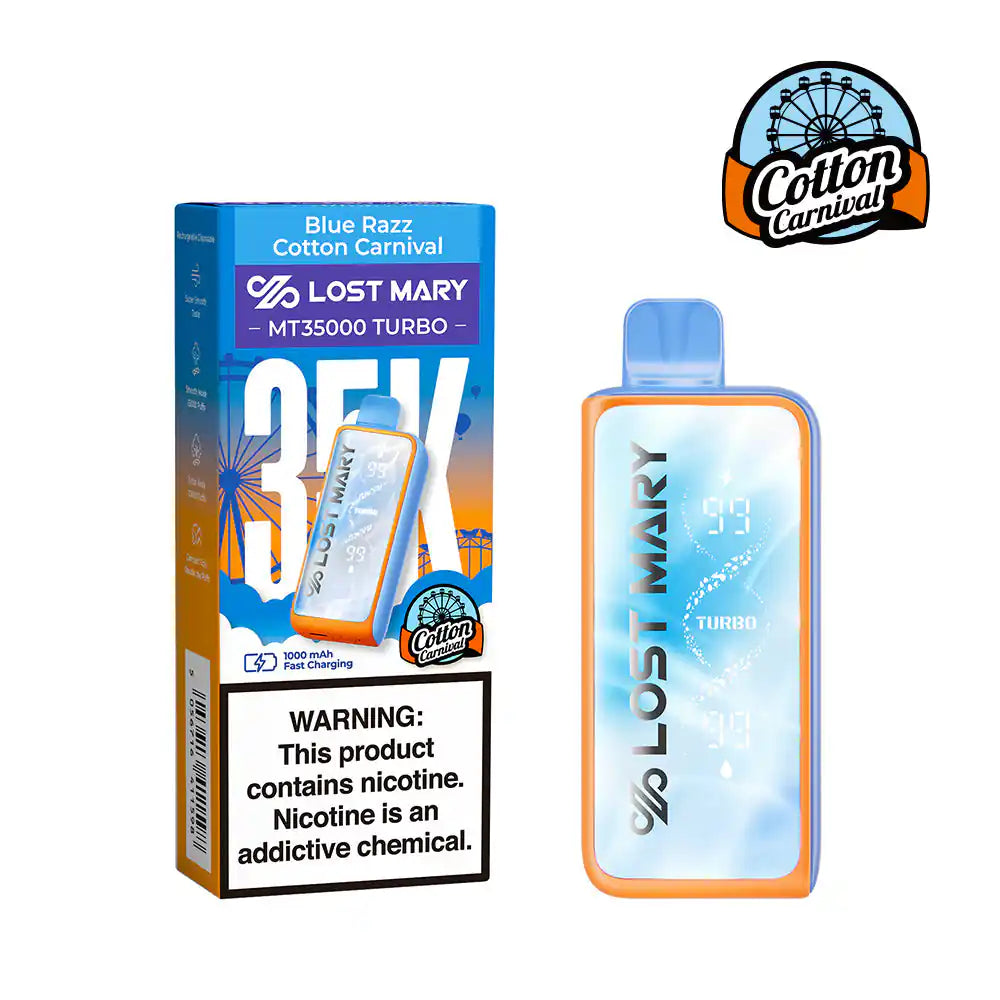 Blue Razz Cotton Carnival Lost Mary MT35000 Turbo Cotton Carnival Edition disposable vape, 35,000 puffs, 5% nicotine, no ice