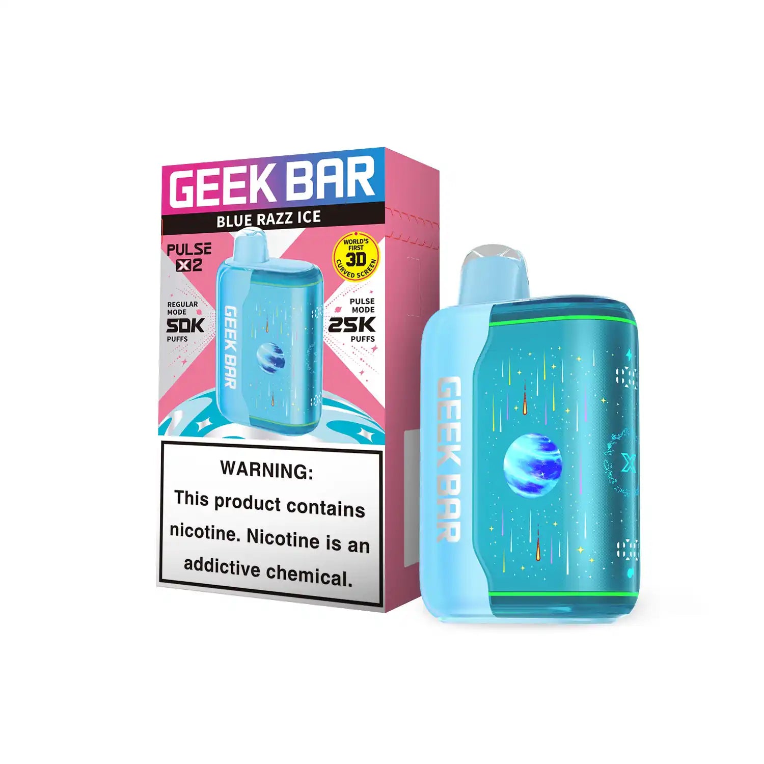 Blue Razz Ice Geek Bar Pulse X 2 50K disposable vape, iced, 50000 puffs, 5% nicotine