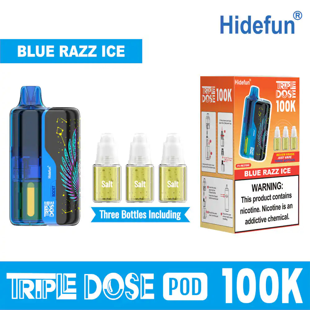 Blue Razz Ice Hide Fun Triple Dose 100K Kit disposable vape, iced, 100,000 puffs, 5% nicotine