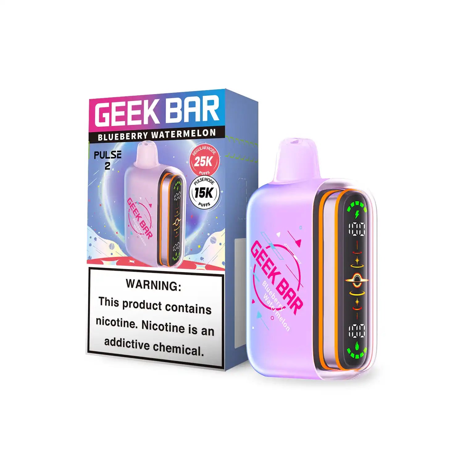 Blueberry Watermelon Geek Bar Pulse 2 25K disposable vape, no ice, 25,000 puffs, 5% nicotine