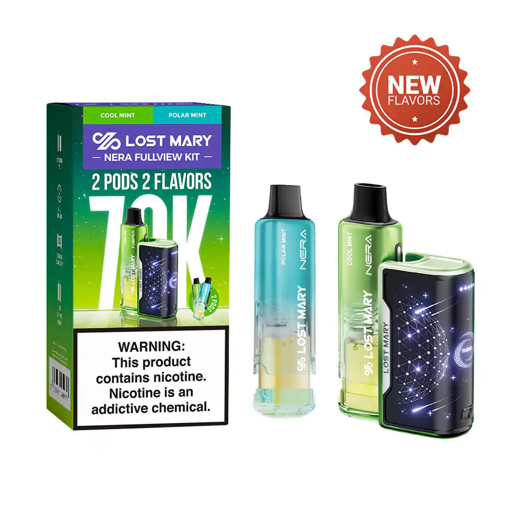 Cool Mint & Polar Mint Lost Mary Nera Fullview 70K disposable vape kit, iced menthol, 70,000 puffs, 5% nicotine