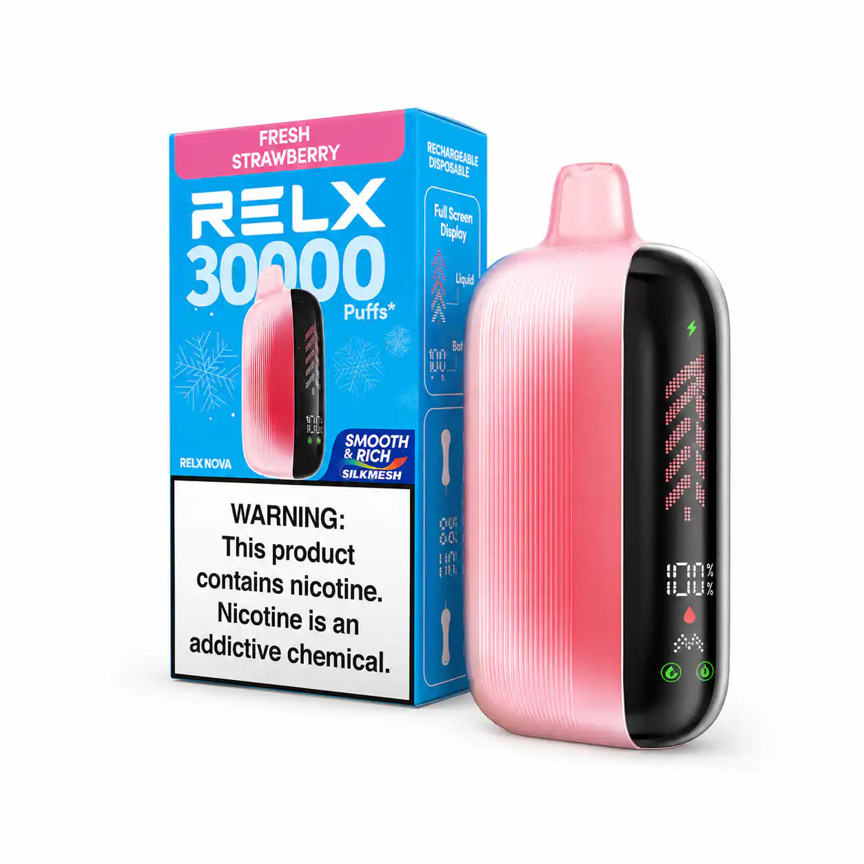 Fresh Strawberry RELX Nova Silkmesh 30K disposable vape, no ice, 30,000 puffs, 3% nicotine