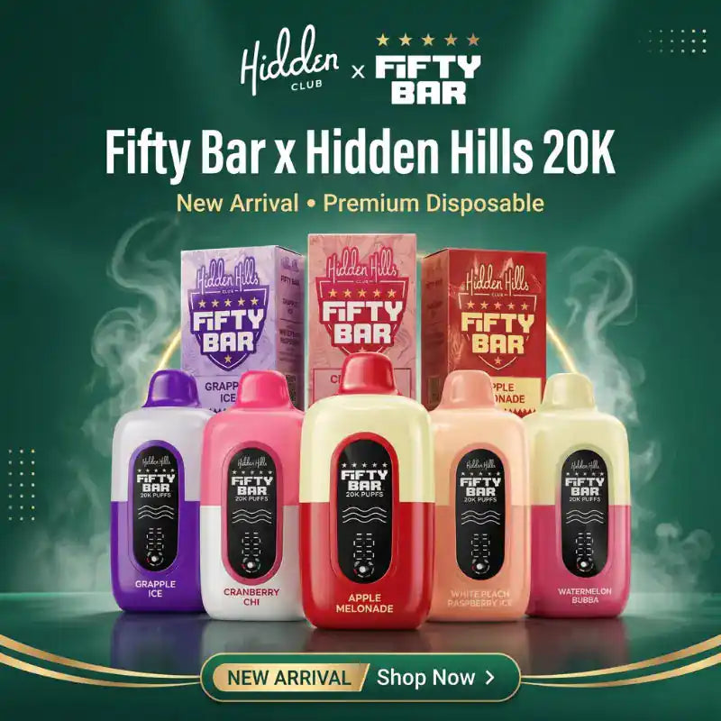 Shop the new Hidden Hills x Fifty Bar 20K flavors — Tres Leches, Cranberry Chi, Grapple Ice and 3 more at JellyPuffs