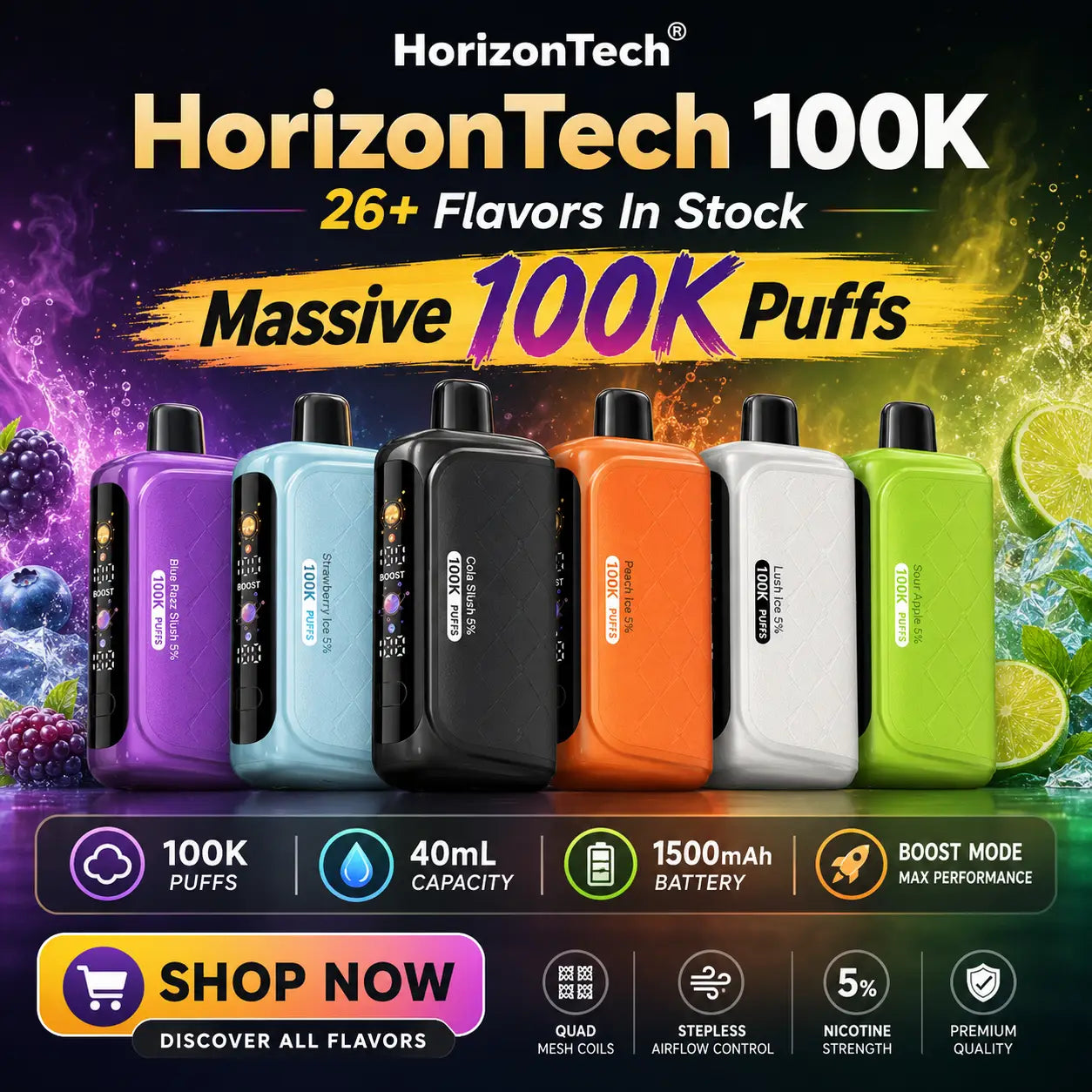 HorizonTech 100K disposable vape flyer highlighting massive 100,000 puffs, 26+ flavors in stock, and a clean high-conversion product promotion.