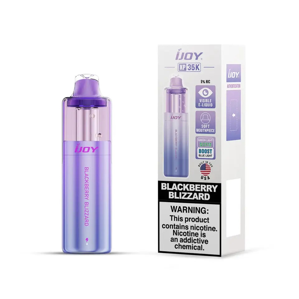Blackberry Blizzard iJOY XP35000 Disposable Vape — 35K puffs, 5% nicotine. Tart blackberry, frosted icy menthol close. Iced.