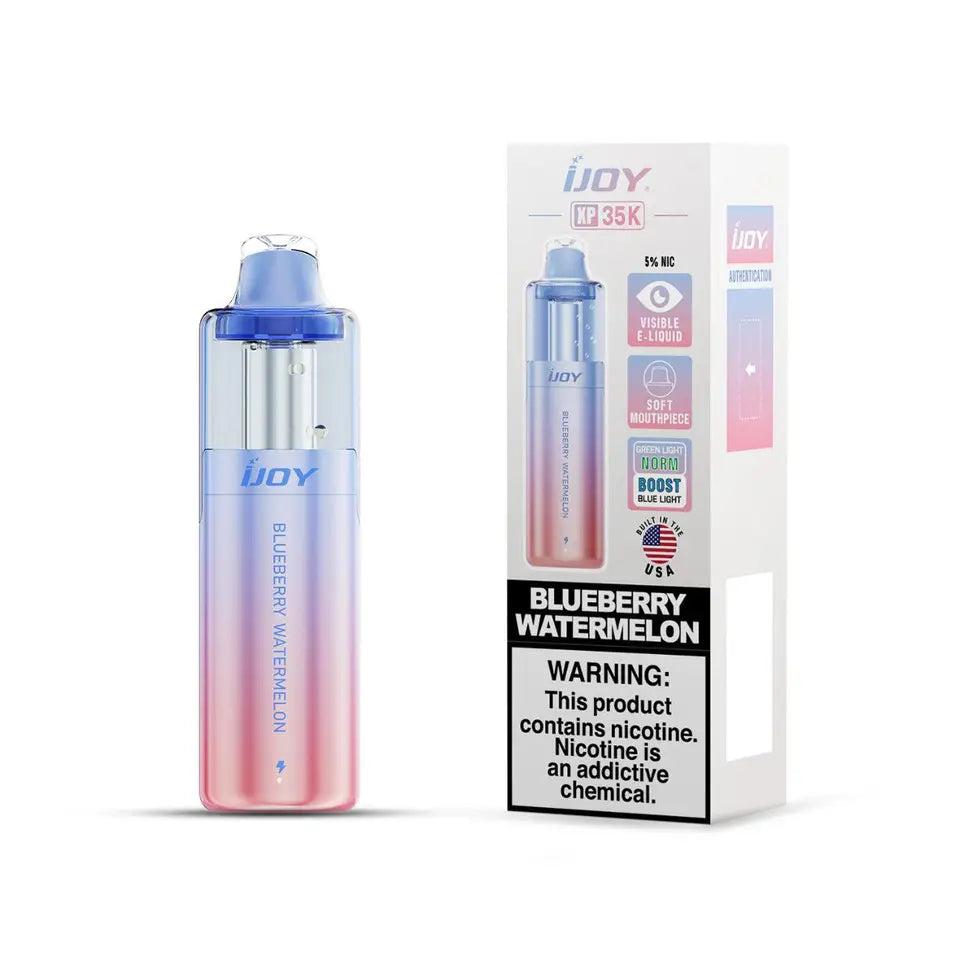 Blueberry Watermelon iJOY XP35000 Disposable Vape — 35K puffs, 5% nicotine. Ripe blueberry and juicy watermelon. No ice.