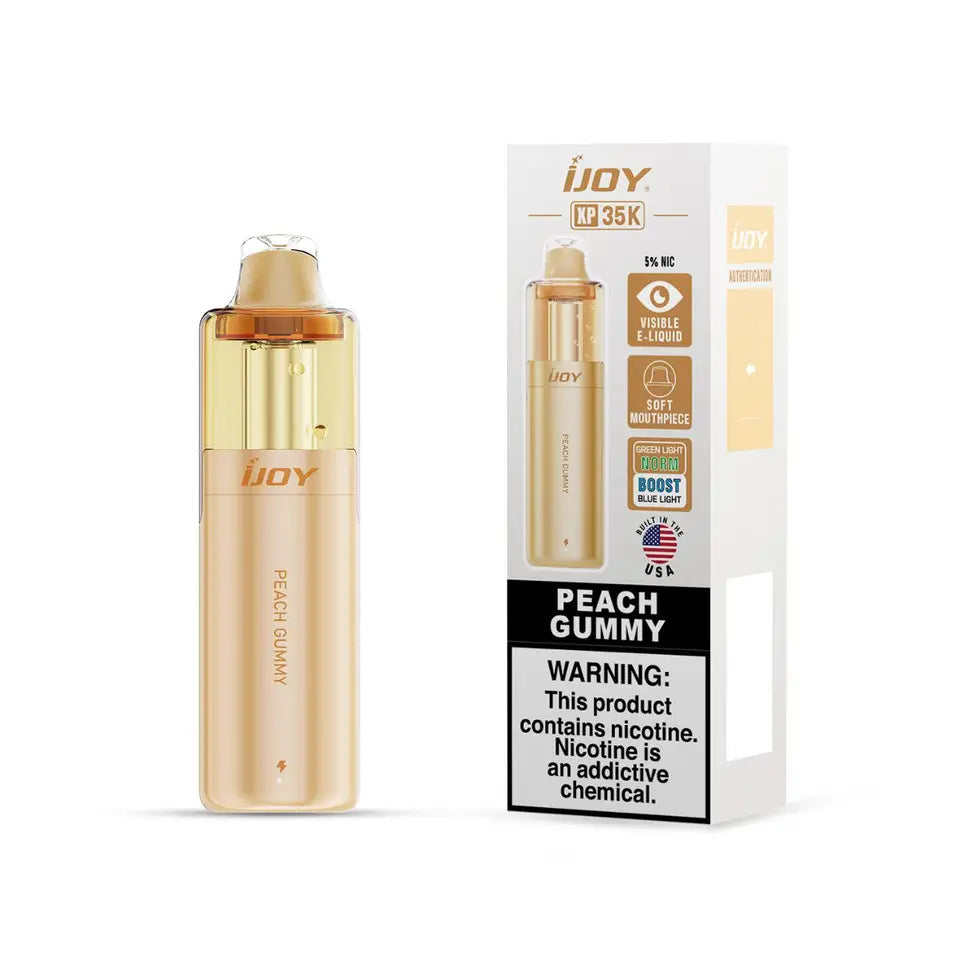 Peach Gummy iJOY XP35000 Disposable Vape — 35K puffs, 5% nicotine. Ripe peach nectar with gummy candy character. No ice.