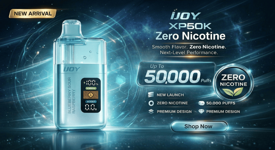 iJoy XP50K Zero Nicotine Disposable Vape – 50,000 puffs, 0mg nicotine, smart LED display. Shop now at JellyPuffs.