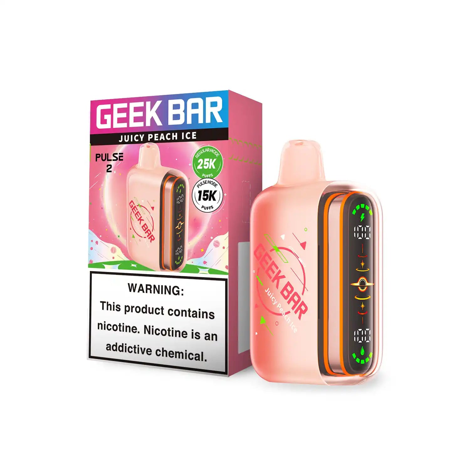 Juicy Peach Ice Geek Bar Pulse 2 25K disposable vape, iced, 25000 puffs, 5% nicotine