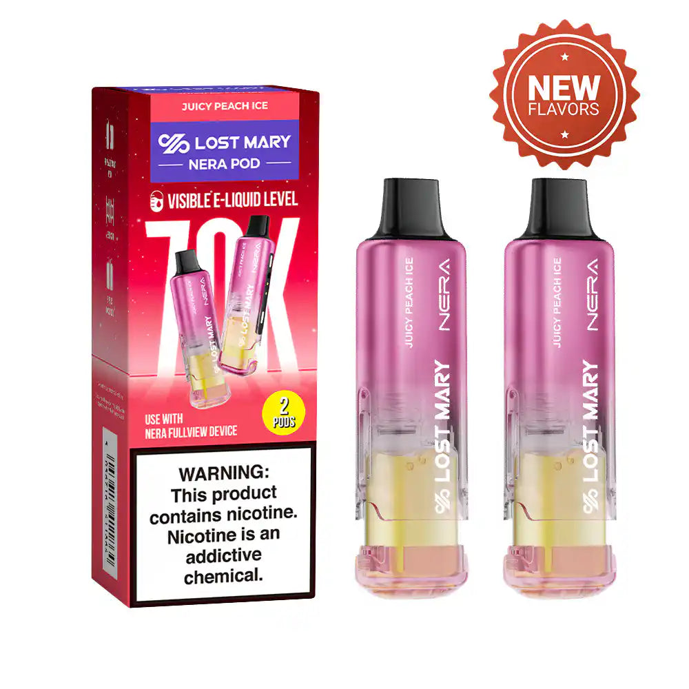 Juicy Peach Ice Lost Mary Nera Fullview 70K disposable vape pod, iced, up to 70,000 puffs, 5% (50mg) nicotine