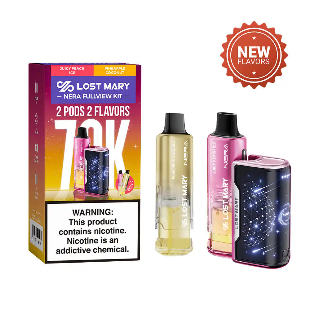 Juicy Peach Ice & Pineapple Coconut Lost Mary Nera Fullview 70K disposable vape kit, iced, 70,000 puffs, 5% nicotine