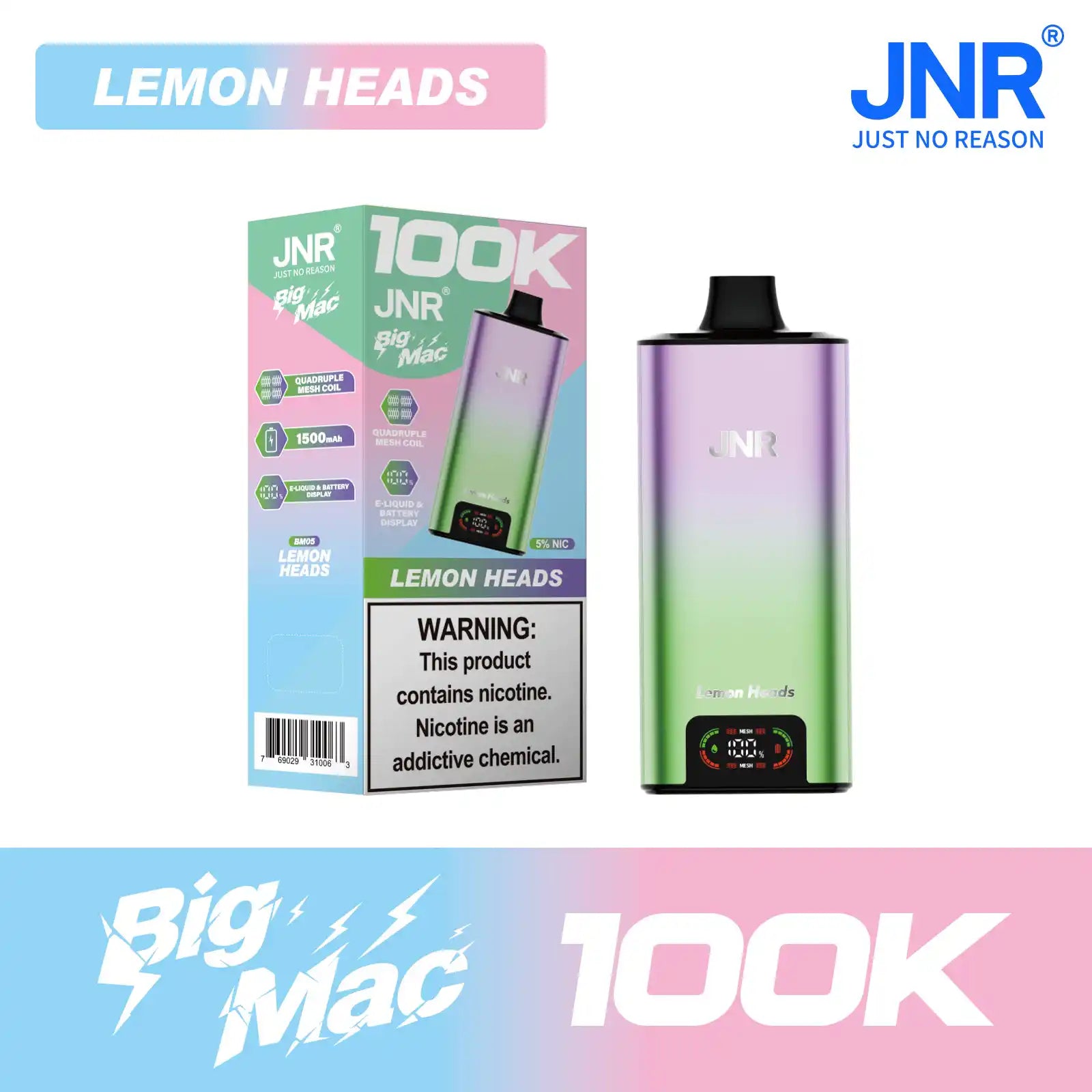 Lemon Heads JNR Big Mac 100K disposable vape, no ice, 100,000 puffs, 5% nicotine
