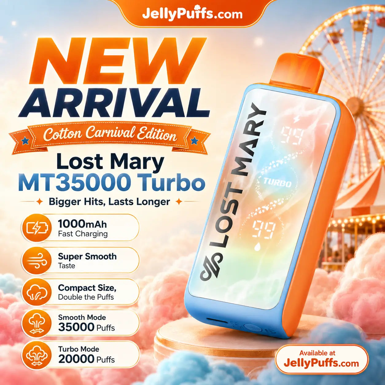 Lost Mary MT35000 Turbo Cotton Carnival Edition new arrival collection cover image for JellyPuffs, featuring the orange and blue disposable vape with carnival-inspired cotton candy background.